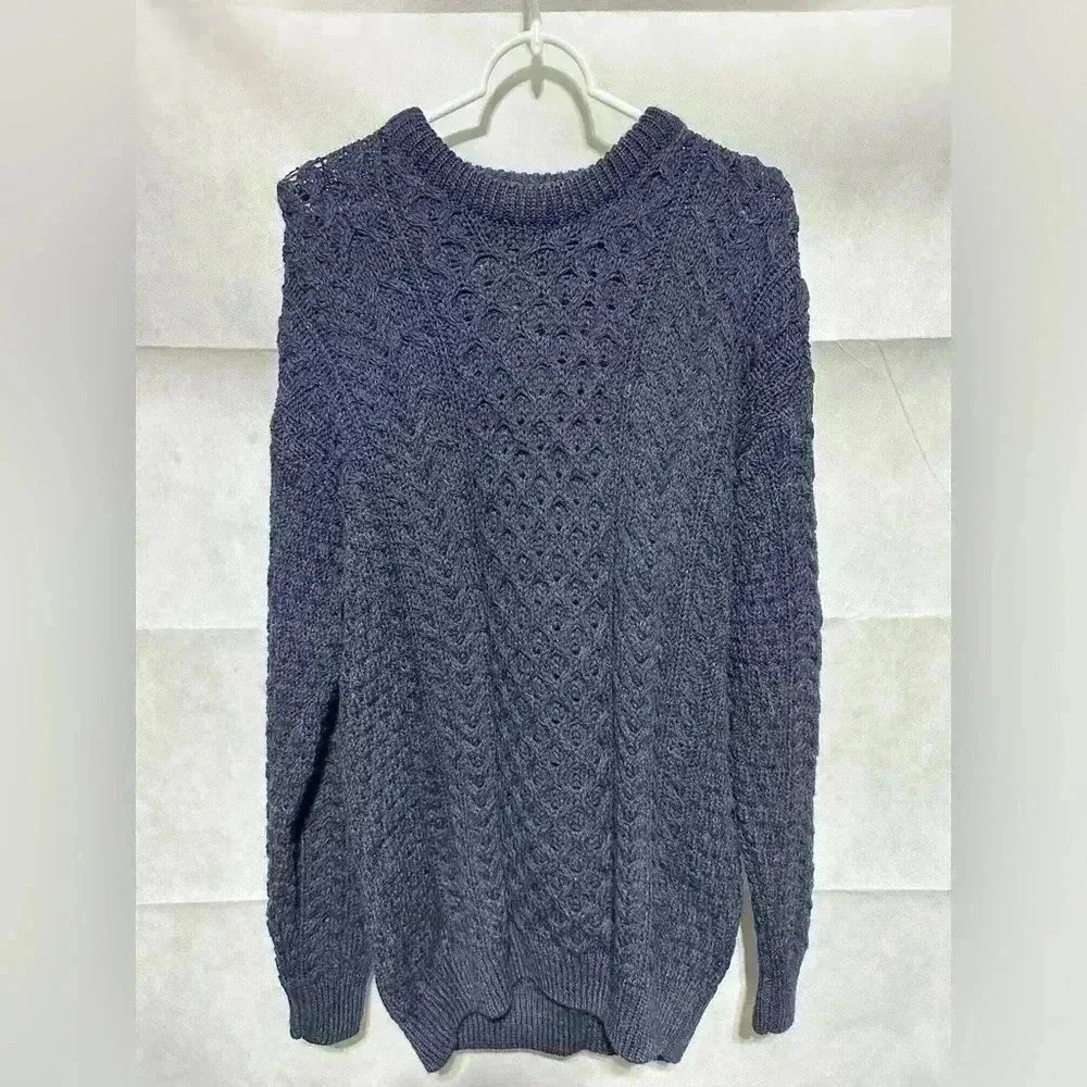 Rue Saint Patrick 100% Wool Sweater Size Large Made in Ireland Blue Cable Knit